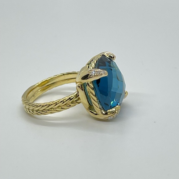 David Yurman Chatelaine Ring 18K Yellow Gold,Hampton Blue Topaz & Diamonds, 14mm - Picture 6 of 9